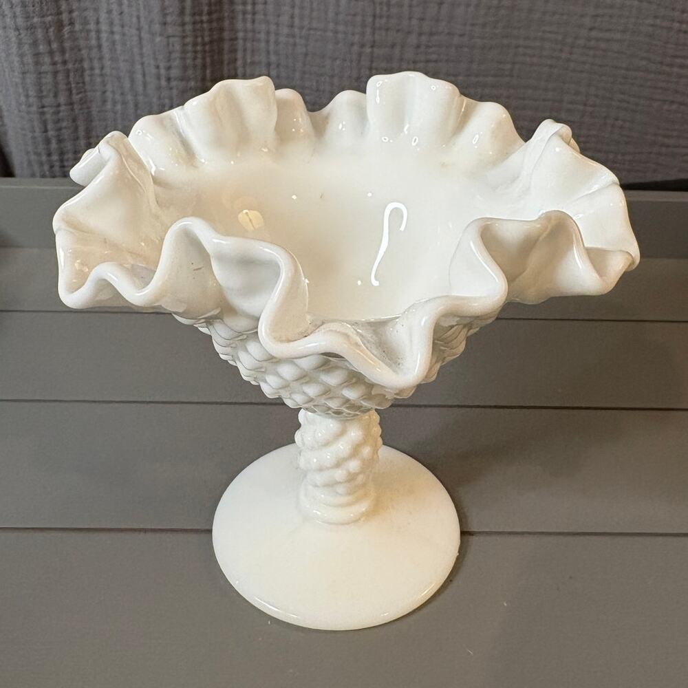Vintage Fenton Milk Glass Hobnail Crimped Edge Compote Dish